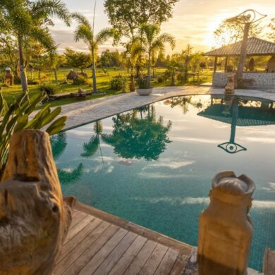 Serene Bali Poolside Retreat at Sunset