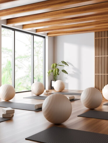 White and wooden yoga studio corner with mats and fitballs