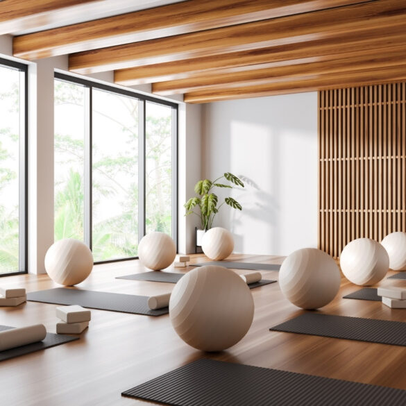 White and wooden yoga studio corner with mats and fitballs