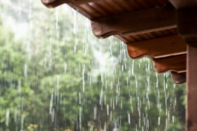 heavy rain falling on roof of yoga retreat venue