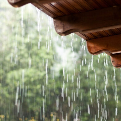 heavy rain falling on roof of yoga retreat venue