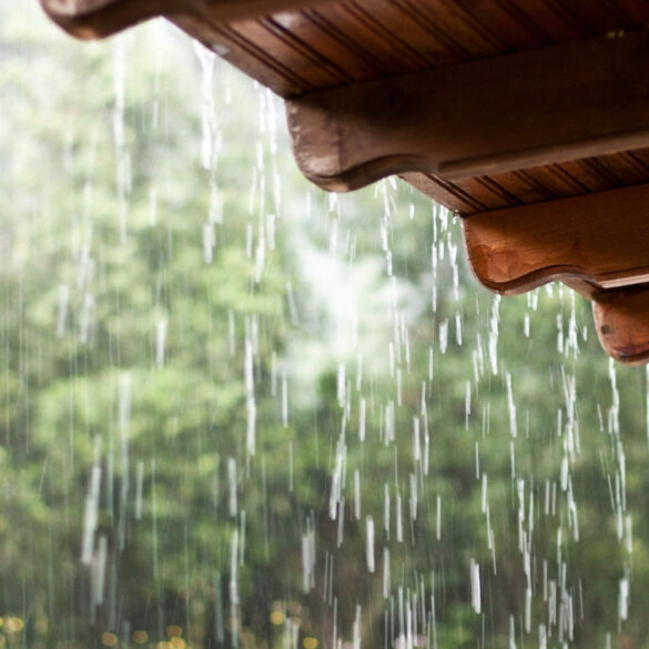 heavy rain falling on roof of yoga retreat venue